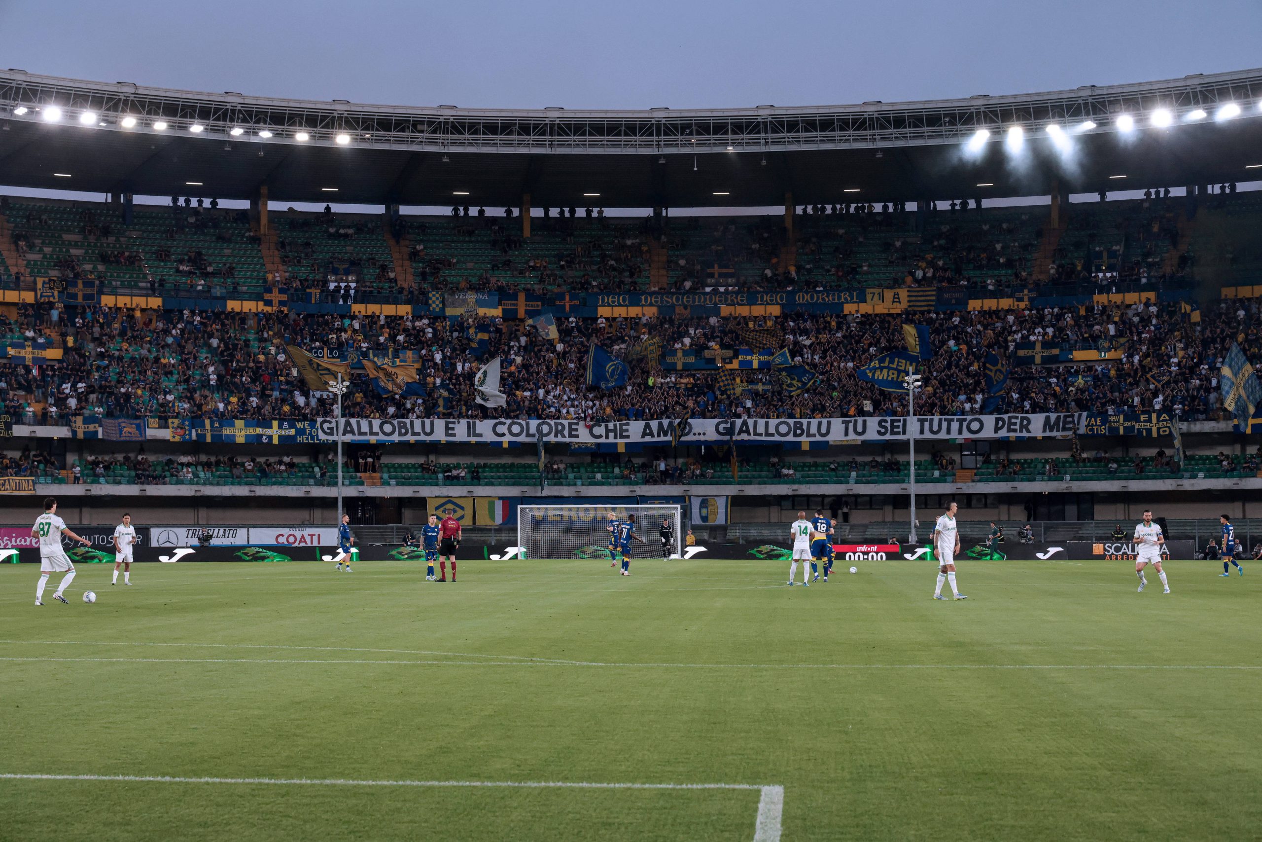 May 24, 2026, Verona, Italy: Hellas Verona s fans wave a flag during the 2025 Serie A Football A match between Hellas Verona and AS Roma at Marcantonio Bentegodi Stadium